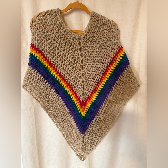 Sweaters - Crochet Poncho, Women’s sz Medium Tan & Rainbow Colors, Handmade Crochet Poncho